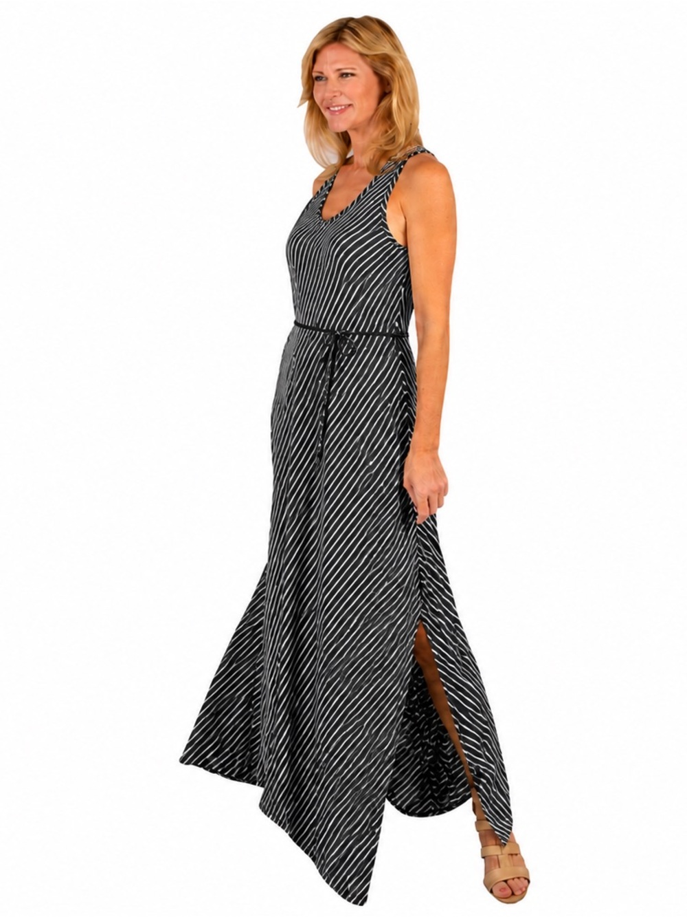DKR Apparel V-Neck Racerback Maxi Dress-Black/White Diagonal Stripe